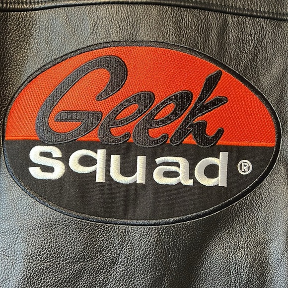 Geek Squad Automotive Racing Black Leather Bomber Jacket with Race Stripes! - Picture 6 of 12